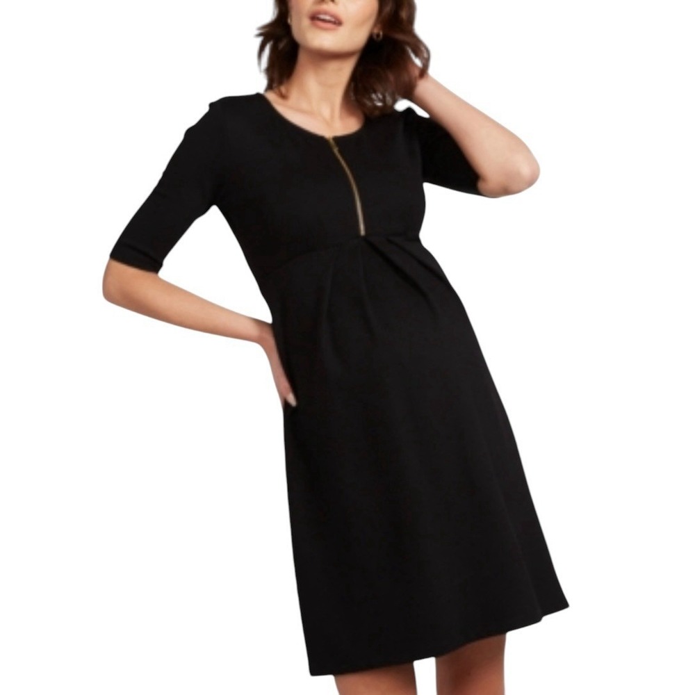 Isabella Oliver Maternity‎ Black Pleated Ponte Dress Front Zip Size 4 US Size 10